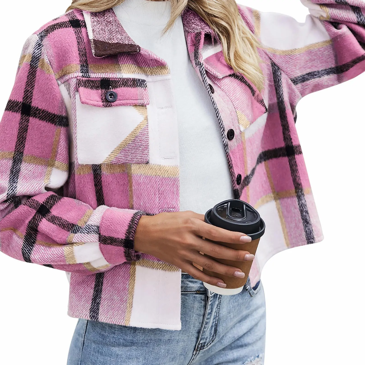 Women’s Cropped Plaid Flannel Shacket Jacket, Loose Fit Button-Down