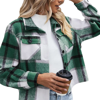 Women’s Cropped Plaid Flannel Shacket Jacket, Loose Fit Button-Down