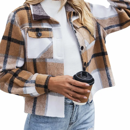 Women’s Cropped Plaid Flannel Shacket Jacket, Loose Fit Button-Down