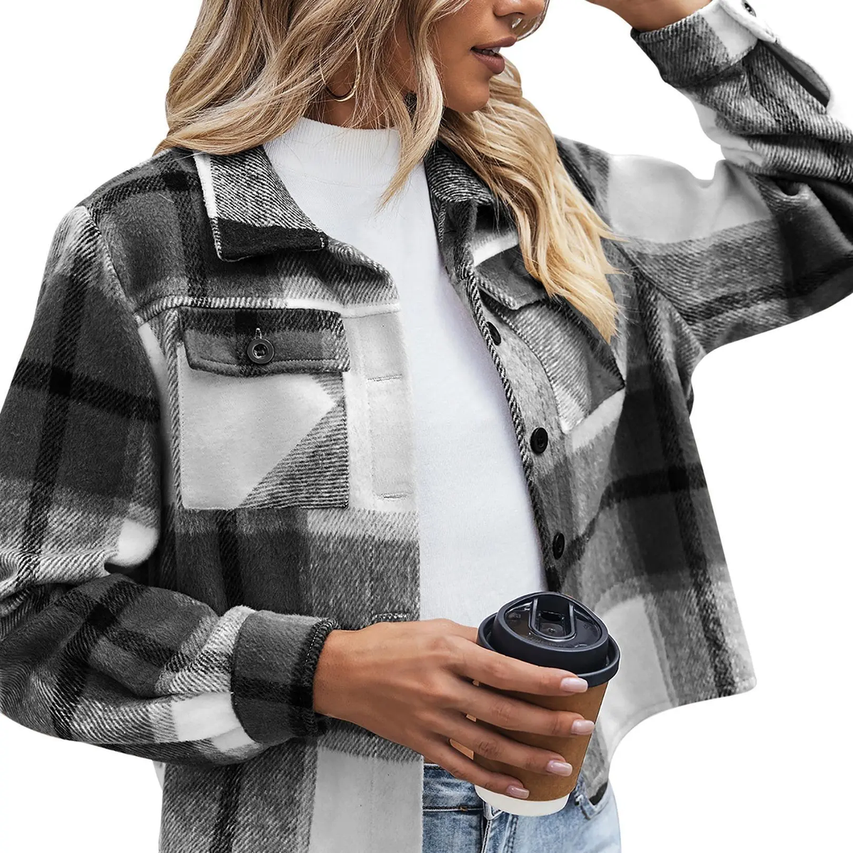 Women’s Cropped Plaid Flannel Shacket Jacket, Loose Fit Button-Down