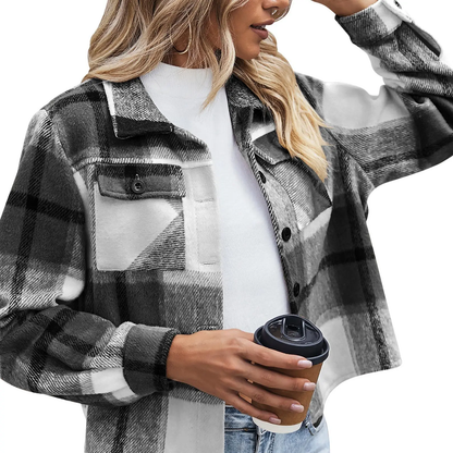 Women’s Cropped Plaid Flannel Shacket Jacket, Loose Fit Button-Down