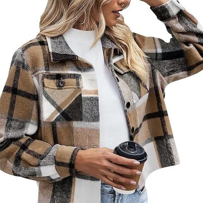 Women’s Cropped Plaid Flannel Shacket Jacket, Loose Fit Button-Down