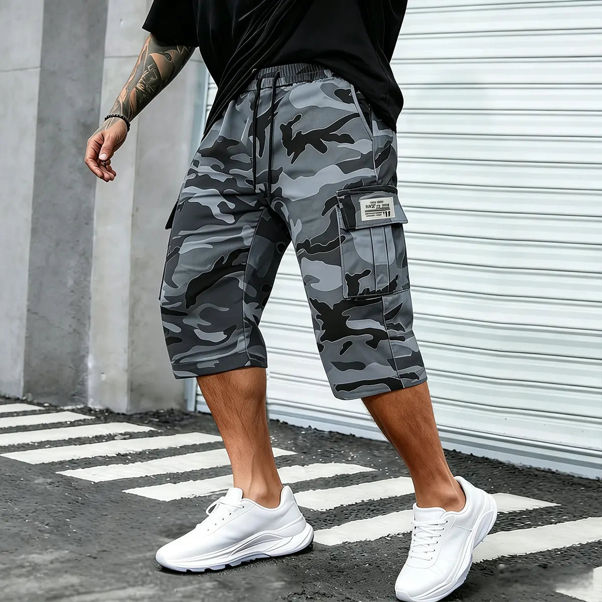 Camo Casual Cargo Shorts Set with Adjustable Waist