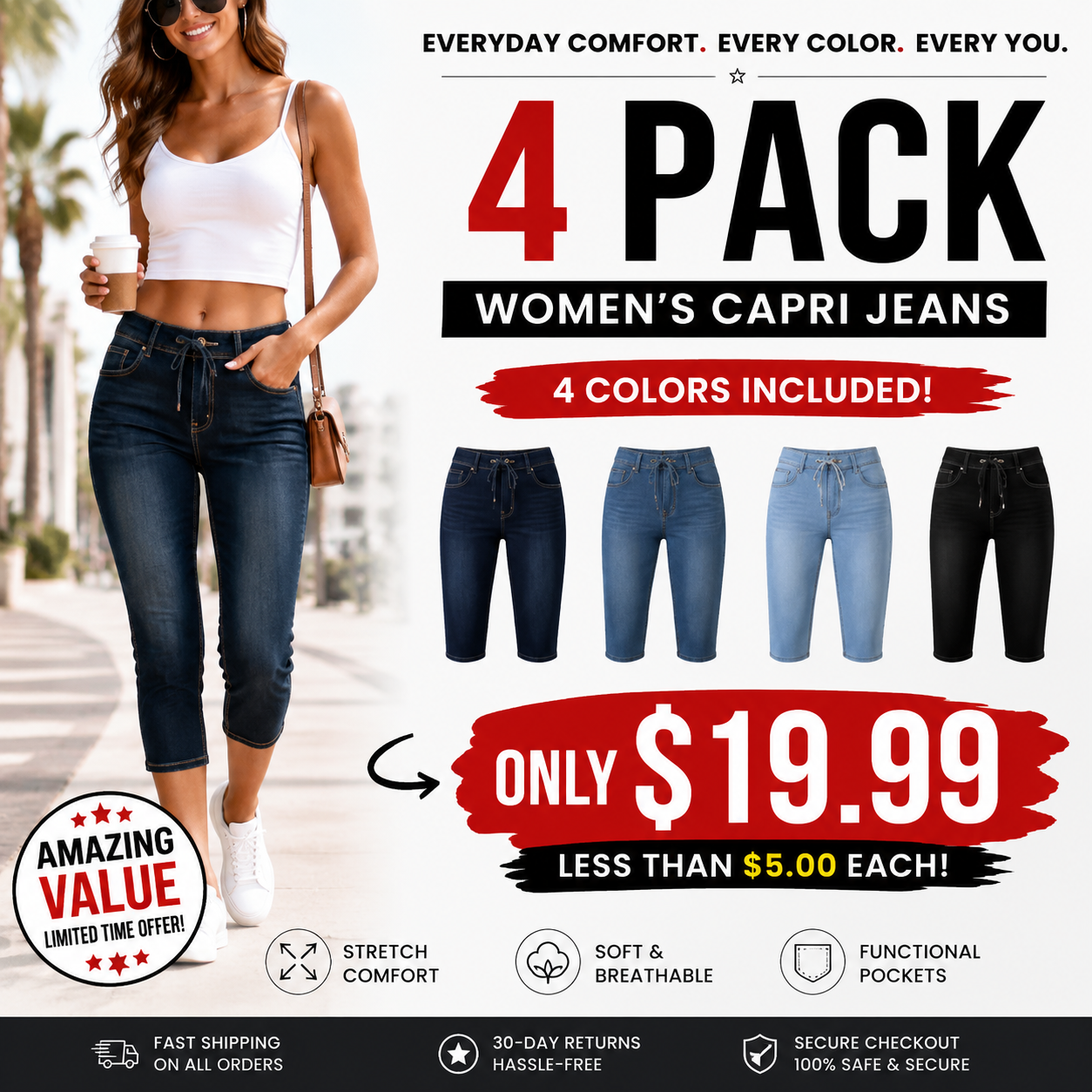 Wash Contrast Binding Double Button Drawstring Mid Waist High Stretch Fit Capri Jeans Pant