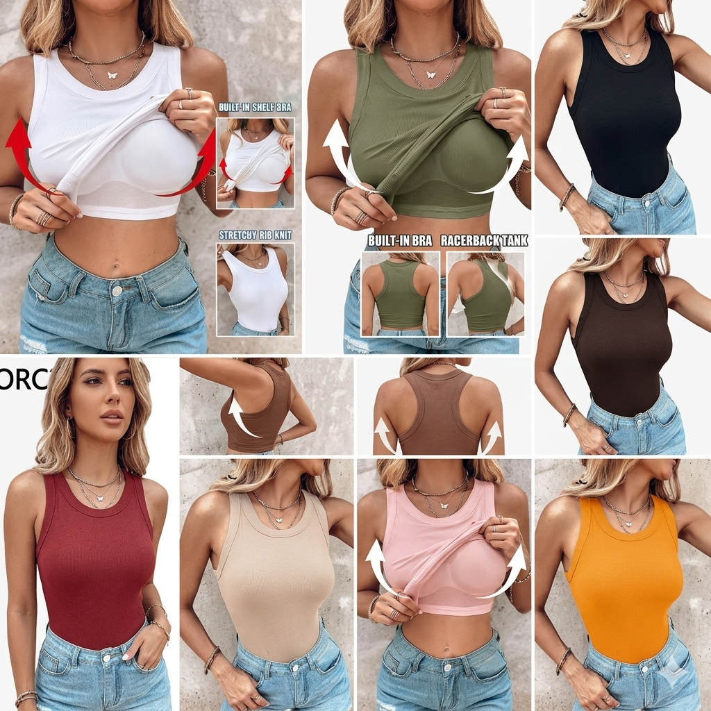 🍃Round Neck Built-in Bra Ribbed Tank Top Fit Casual Comfortable💥