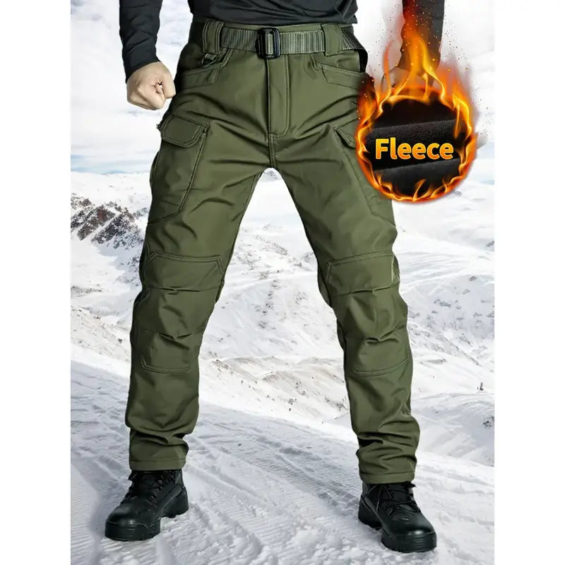 Men's Fleece-Lined Tactical Cargo Pants, Windproof Warm Work Pants with Multi-Pockets, 320g Fabric, Regular Fit Outdoor Pants for Fall & Winter