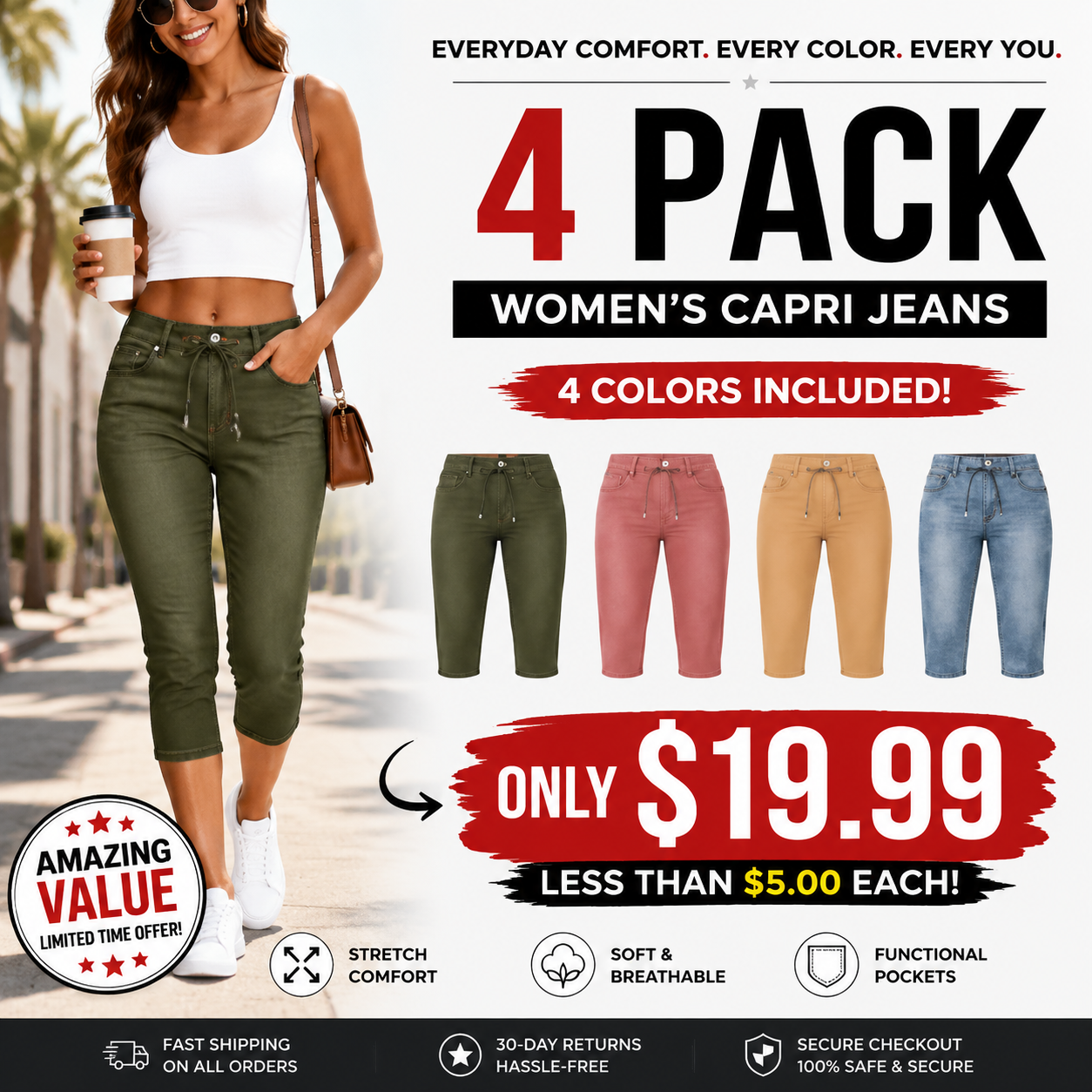 Wash Contrast Binding Double Button Drawstring Mid Waist High Stretch Fit Capri Jeans Pant