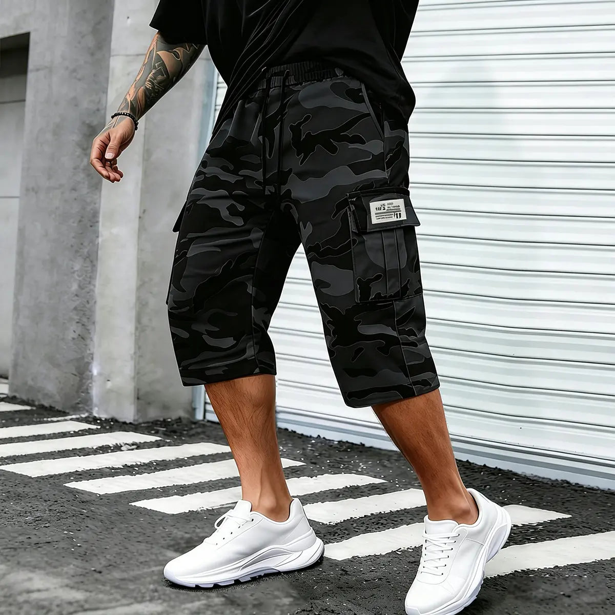 Camo Casual Cargo Shorts Set with Adjustable Waist