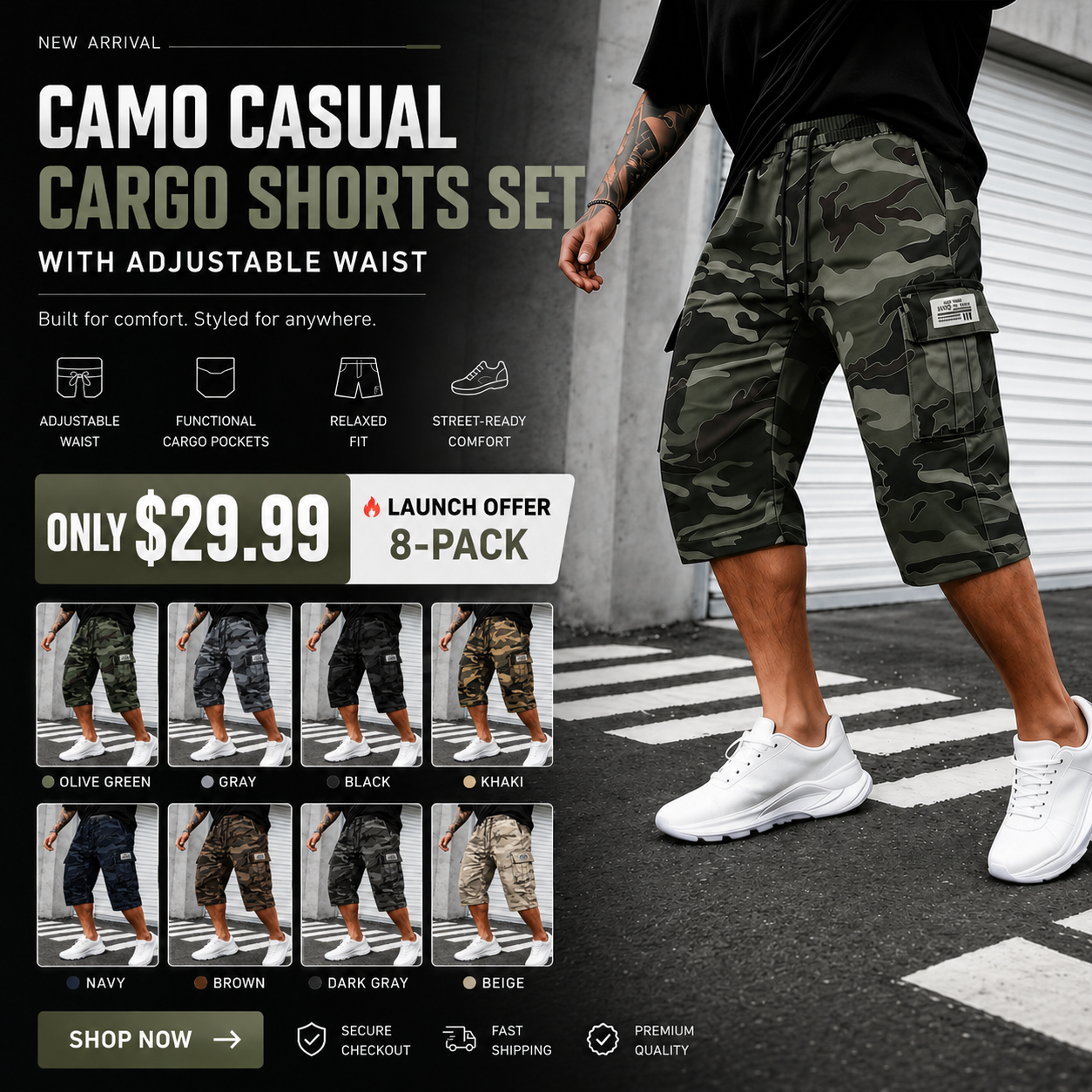 Camo Casual Cargo Shorts Set with Adjustable Waist