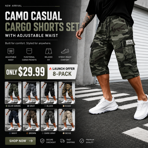 Camo Casual Cargo Shorts Set with Adjustable Waist