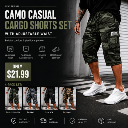 Camo Casual Cargo Shorts Set with Adjustable Waist