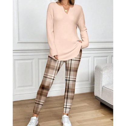 Women's 2-Piece Lounge Set – Long Sleeve Top & Plaid Leggings