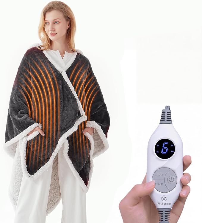 ❄️ Sherpa Wearable Electric Blanket 🎄 Overheat Protection & Auto-Shutoff Function
