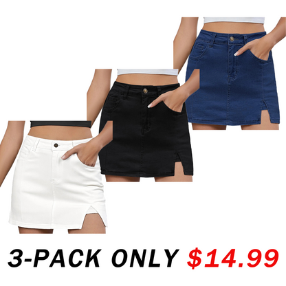 Women's Minimalist High-Waisted Denim Mini Skirt Shorts with Side Slit
