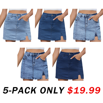Women's Minimalist High-Waisted Denim Mini Skirt Shorts with Side Slit