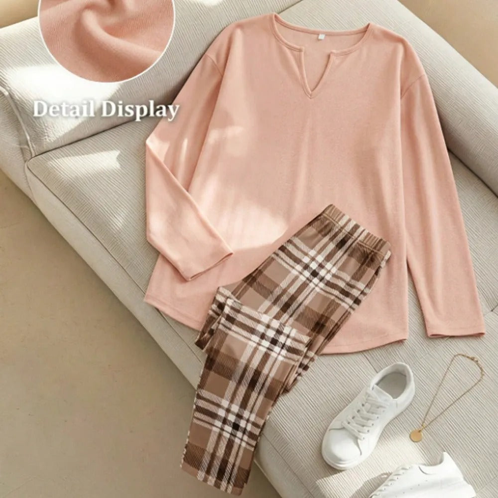 Women's 2-Piece Lounge Set – Long Sleeve Top & Plaid Leggings