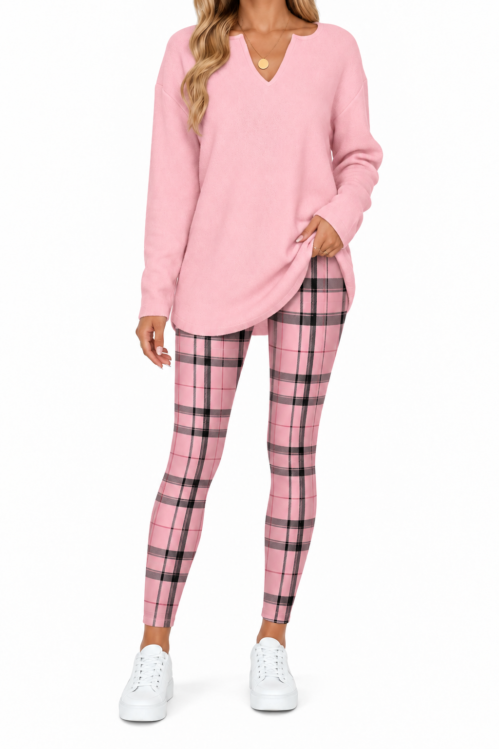 Women's 2-Piece Lounge Set – Long Sleeve Top & Plaid Leggings