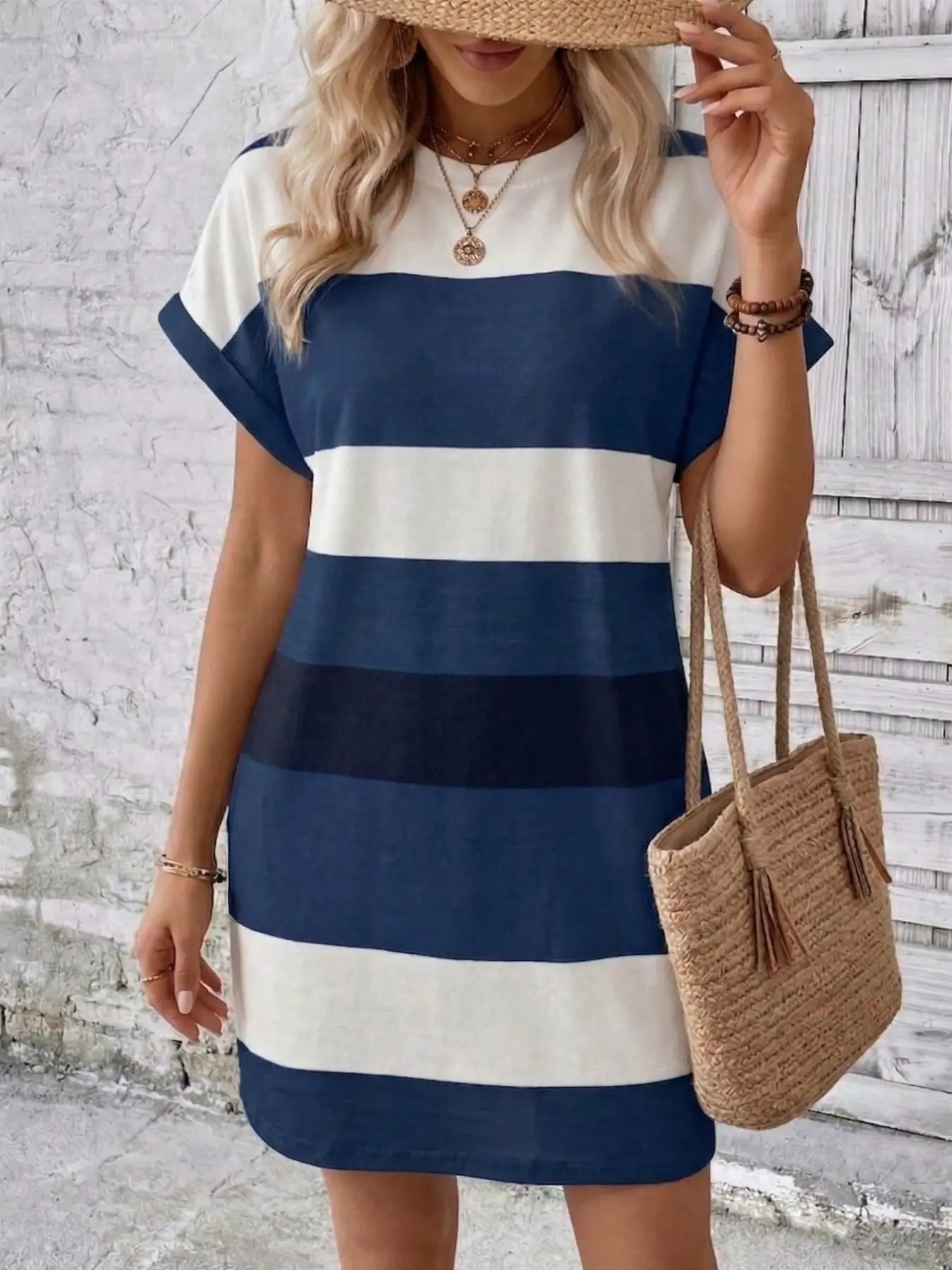Colorblock Striped Print Round Neck Dress