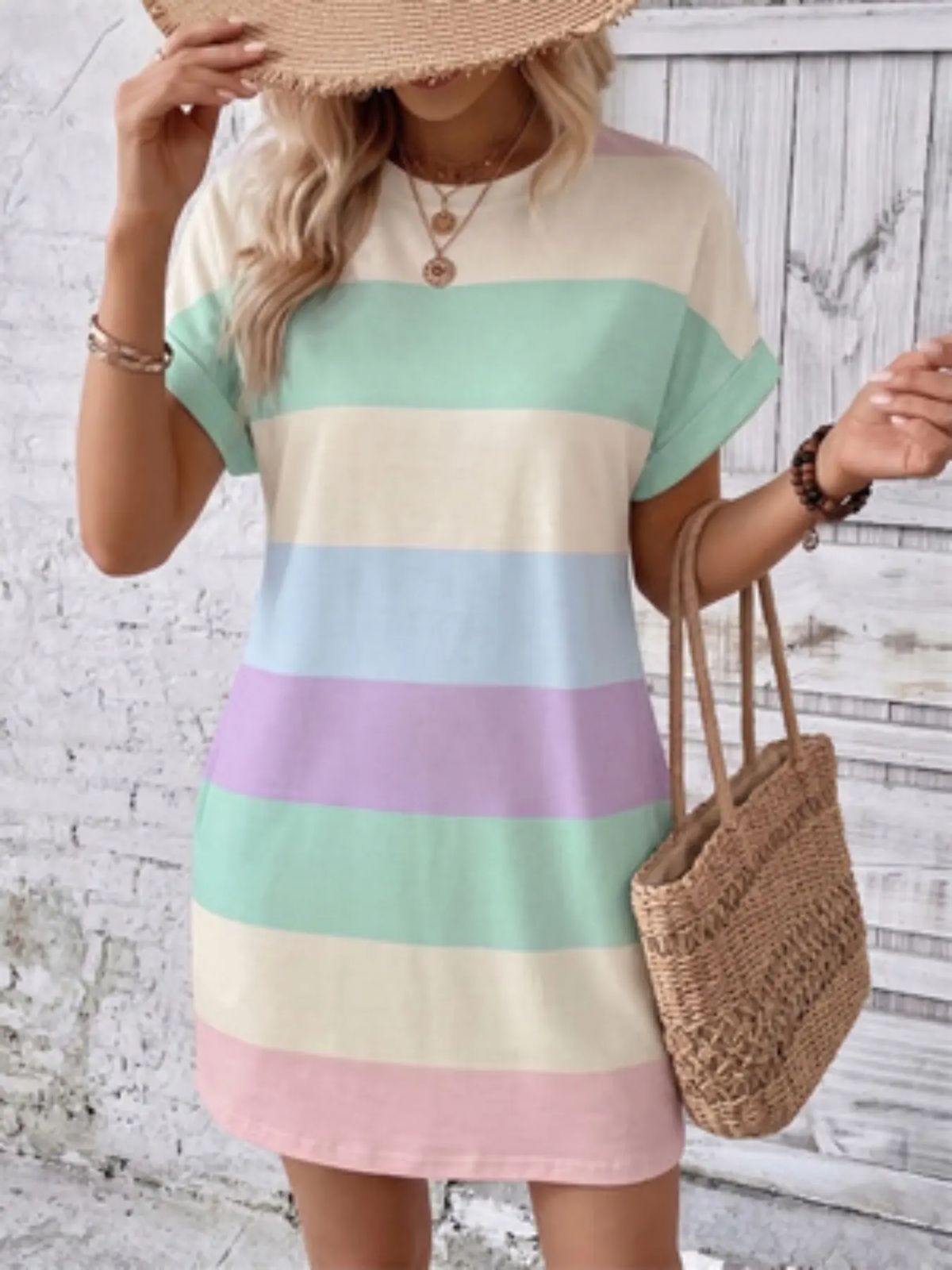 Colorblock Striped Print Round Neck Dress