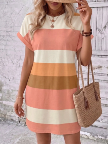 Colorblock Striped Print Round Neck Dress