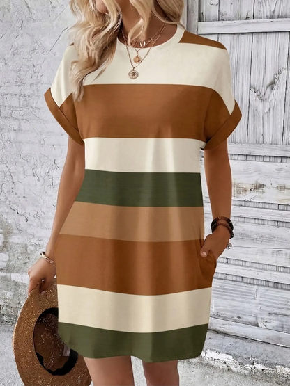 Colorblock Striped Print Round Neck Dress