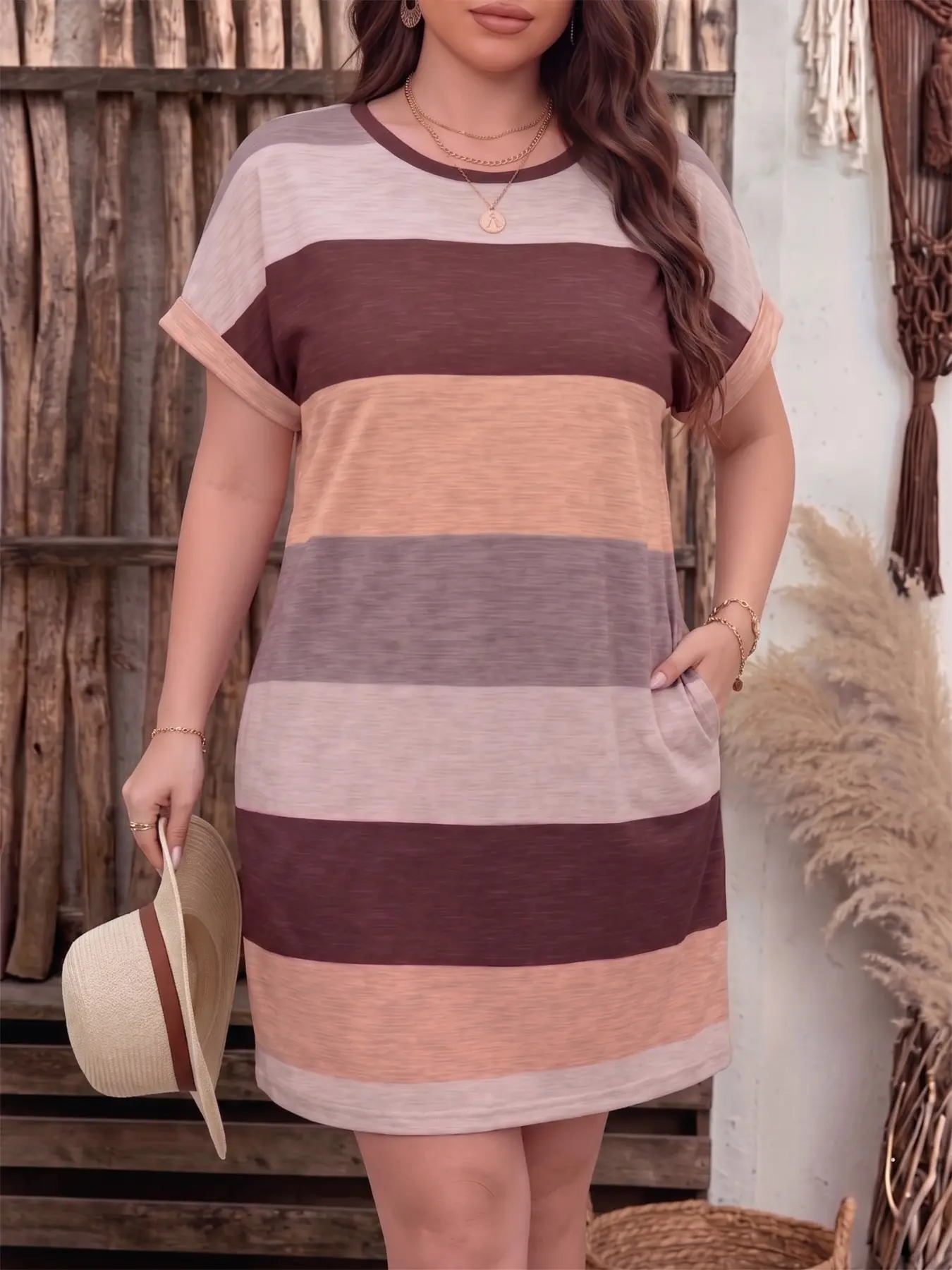 Colorblock Striped Print Round Neck Dress