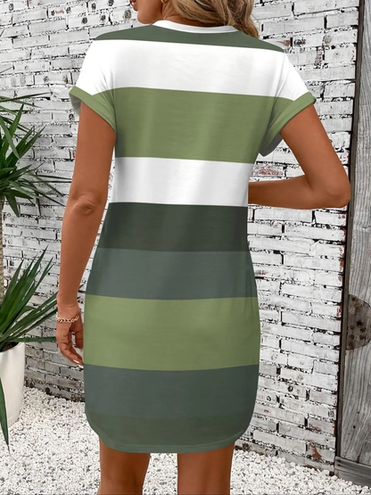 Colorblock Striped Print Round Neck Dress