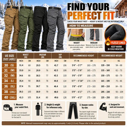 Men's Fleece-Lined Tactical Cargo Pants, Windproof Warm Work Pants with Multi-Pockets, 320g Fabric, Regular Fit Outdoor Pants for Fall & Winter