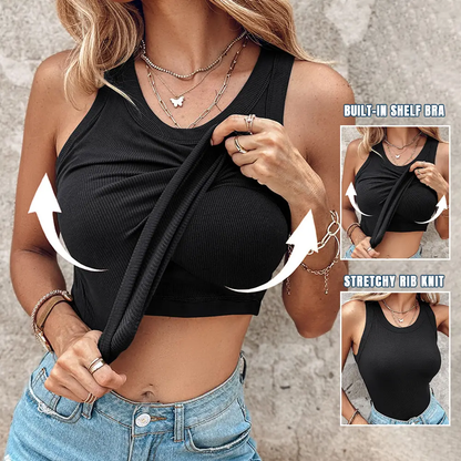 🍃Round Neck Built-in Bra Ribbed Tank Top Fit Casual Comfortable💥