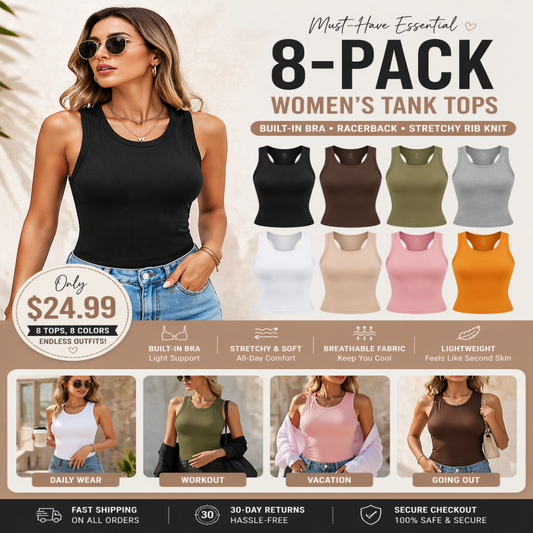 🍃Round Neck Built-in Bra Ribbed Tank Top Fit Casual Comfortable💥