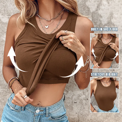🍃Round Neck Built-in Bra Ribbed Tank Top Fit Casual Comfortable💥