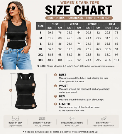 🍃Round Neck Built-in Bra Ribbed Tank Top Fit Casual Comfortable💥