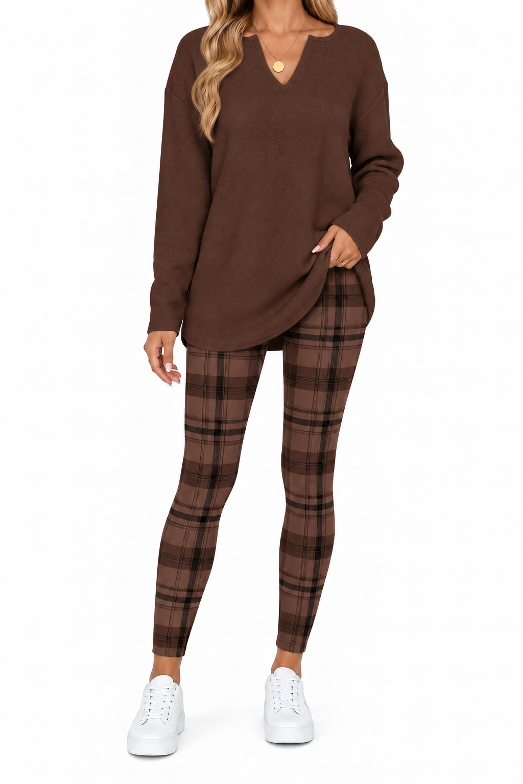 Women's 2-Piece Lounge Set – Long Sleeve Top & Plaid Leggings