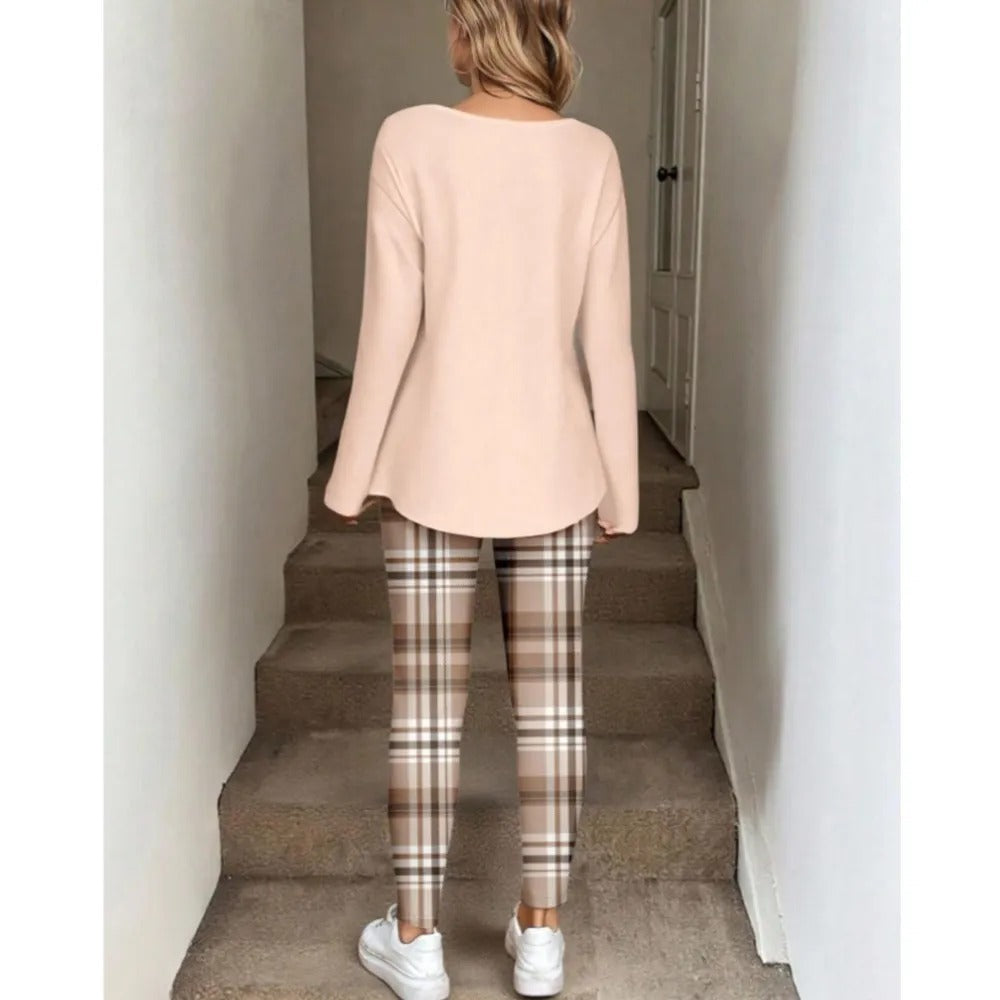 Women's 2-Piece Lounge Set – Long Sleeve Top & Plaid Leggings