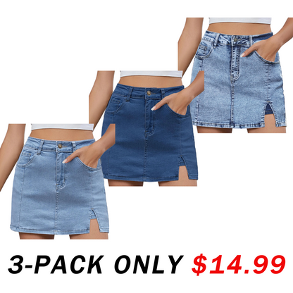 Women's Minimalist High-Waisted Denim Mini Skirt Shorts with Side Slit