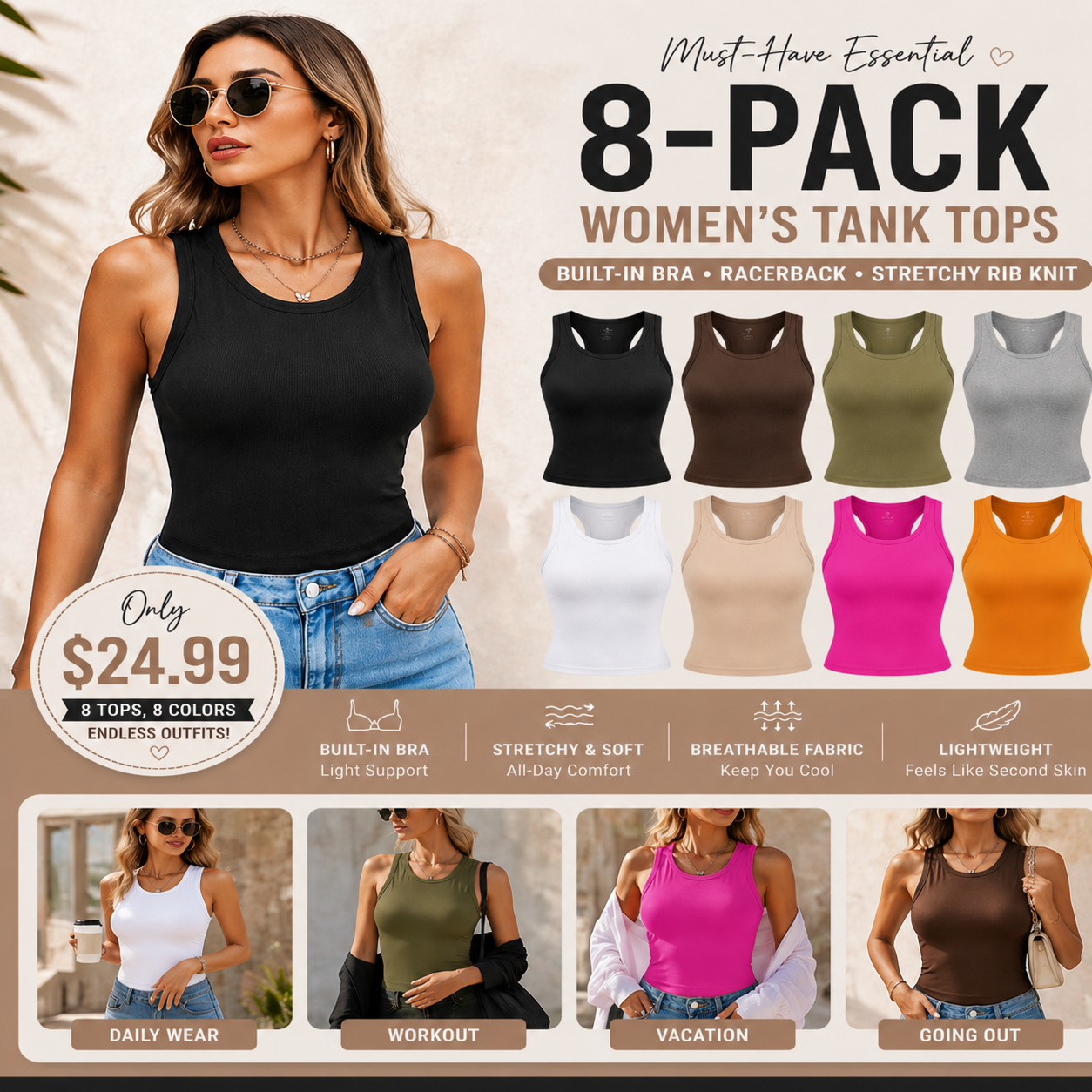 🍃Round Neck Built-in Bra Ribbed Tank Top Fit Casual Comfortable💥