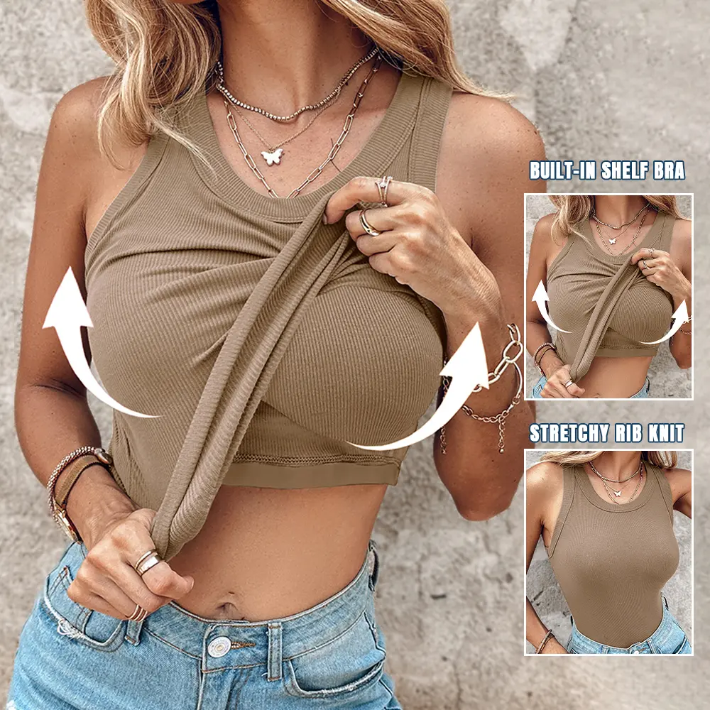 🍃Round Neck Built-in Bra Ribbed Tank Top Fit Casual Comfortable💥