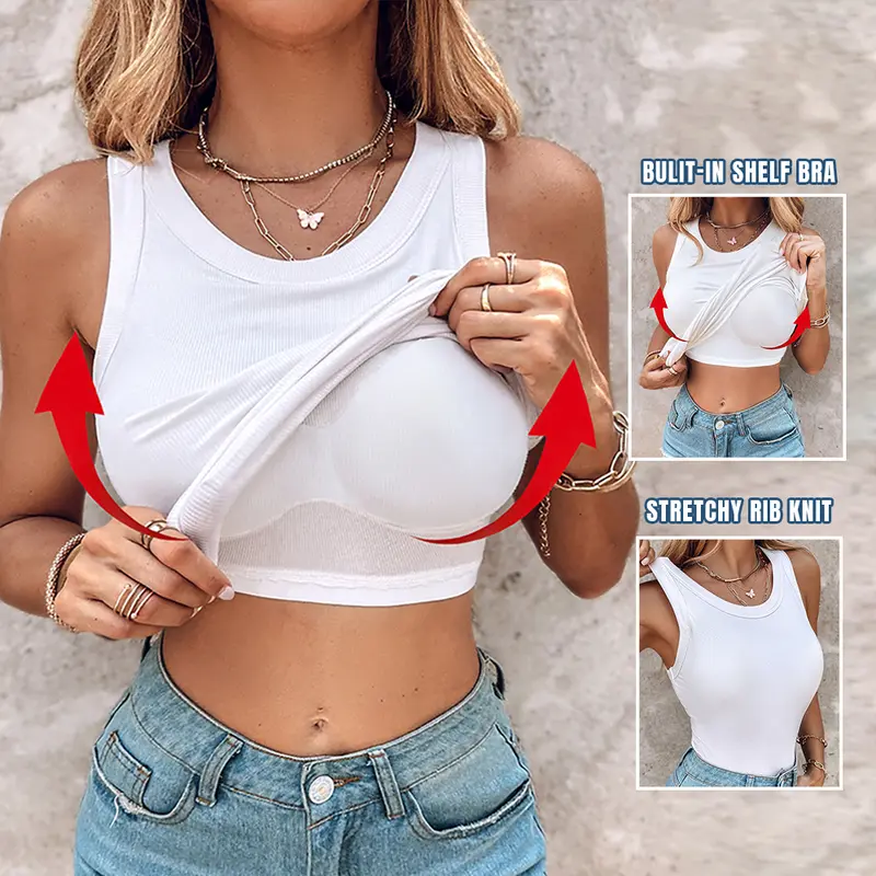 🍃Round Neck Built-in Bra Ribbed Tank Top Fit Casual Comfortable💥
